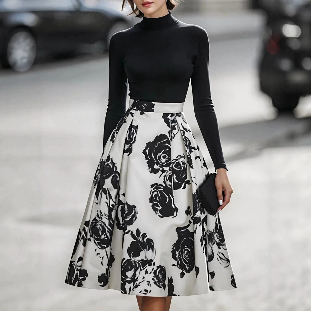 ZARA Black White Rose Print Premium Midi Skirt Elegant Casual Versatile